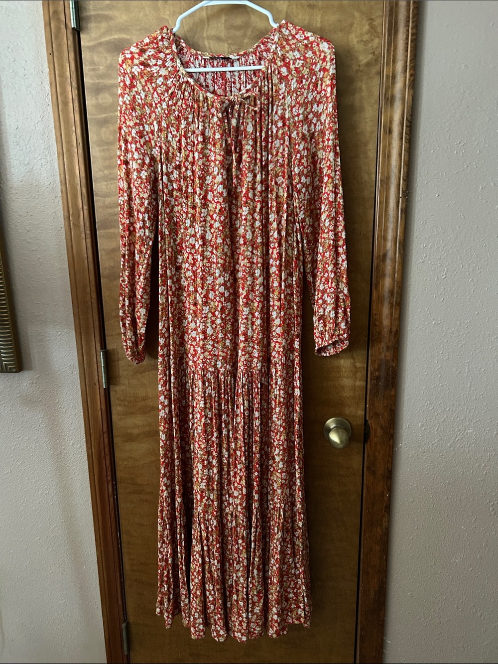 Sonoma Rust Red Floral Maxi Dress with Tie Neck -Excellent Condition